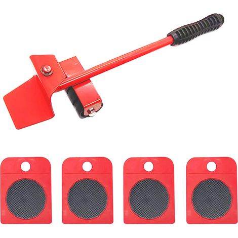 Set di 5 attrezzi universali per il sollevamento di mobili con ruote RASTKY, capacità 300 kg, per frigoriferi, letti a pianoforte, efficiente e che fa risparmiare fatica, rosso e nero.