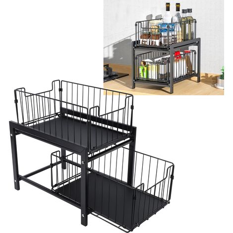Étagère de rangement sous évier, étagère de rangement pour placard, étagère de rangement coulissante amovible à plusieurs niveaux pour ustensiles de cuisine et rangement sous évier (1/5)
