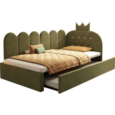 Canapé-lit velours 90x200 cm avec lit gigogne 90x190, forme L verte, design couronne, gain de place, enfant invité, matelas non inclus (1/5)