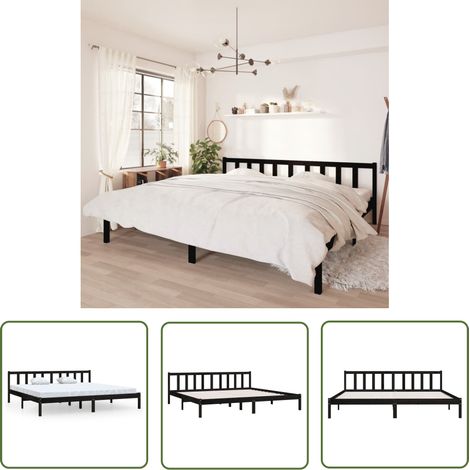 The Living Store Cadre de lit sans matelas noir bois massif 200x200 cm - Cadre De Lit - Lit Double - Lit En Bois - Lit Moderne - Sommier Plateforme (1/5)