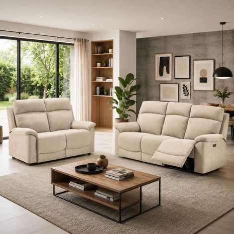 Ensemble Canapés 3P relax manuel + 2P fixe tissu Waterproof ivoire - BRIANA (1/5)