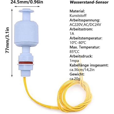 Set mit 2 Wasserstandssensoren, kompatibel mit 220-V-Wechselstrom- und 24-V-Wechsel-/Gleichstromkreisen. Schwimmerschalter. Wasserstandssensor für Hydrokultur, Gartenbau, Aquarien, Schwimmbäder, Staus (1/5)