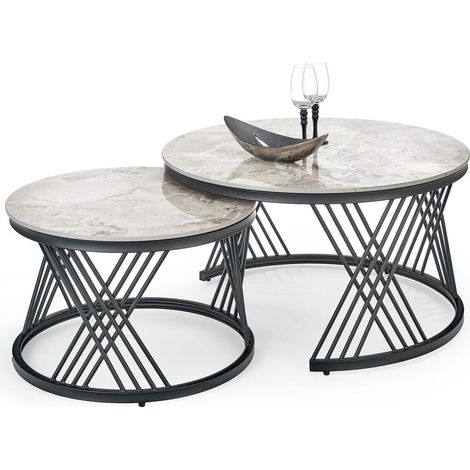 Conjunto mesa de centro Houston Acetum, Negro + Mármol gris, 46x0x0cm, Diámetro: 80, Piedra sinterizada, Redonda