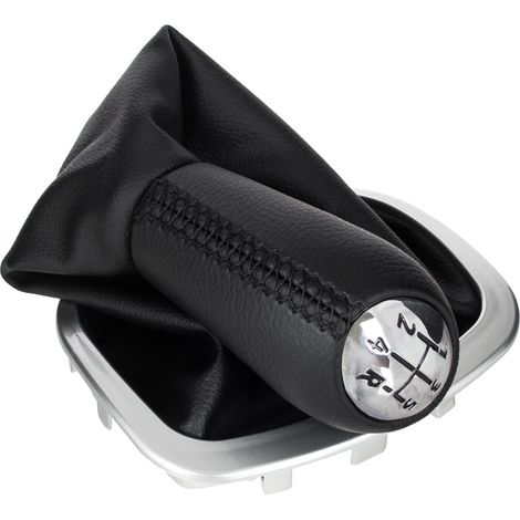 Pommeau de levier de vitesses Renault Clio III 05-12 en cuir écologique noir + chrome + soufflet noir avec cadre argenté 5 vitesses