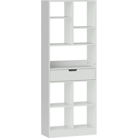 Libreria verticale bianca con 9 ripiani e 1 cassetto, 60 x 26 x 158 cm, MDF, antiribaltamento (1/5)