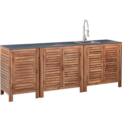 Meuble de Cuisine d'Extérieur en Bois d'Acacia 3 Pièces avec Porte et Étagère Plateau en Acier avec Évier et Robinet Marron et Argenté Brucoli (1/5)