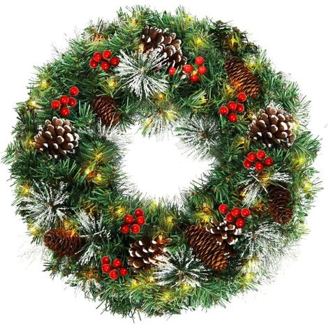 Couronne de Noël pré-éclairée pour porte d'entrée, artificielle avec pommes de pin et baies, 8 modes d'éclairage et minuterie, 50 LED, décoration extérieure 18 pouces (1/5)