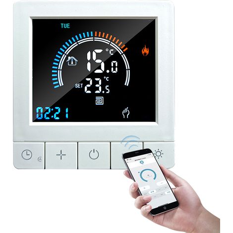 Termostato inteligente Wi-Fi de 16 A con sensor NTC de ±1 °C para calefacción por suelo radiante en baños. (1/5)