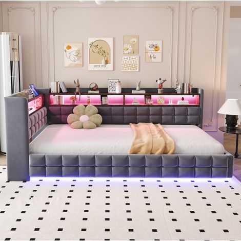 Polster-Schlafsofa 90x200 cm mit Stauraum, LED, USB-Anschlüssen und Regalen, Grau (1/5)