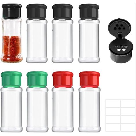 Pot a Epices Plastique avec Etiquetés, Pot à Épices Transparents pour Barbecue Conviennent pour Sel, Poivre, Herbes et Assaisonnements en Poudre (Noir, Rouge, Vert) (1/5)