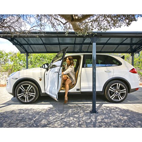 Palram – Carport aluminium 18m² – Toit polycarbonate traité anti-UV – Résistance au vent 120 km/h – Gouttières intégrées pour récupération d'eau