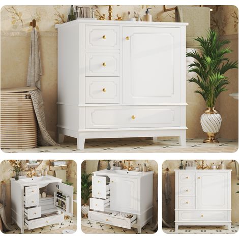Meuble sous-vasque de salle de bain 76,5 cm avec lavabo en céramique et poignées dorées – antibactérien, avec trou de trop-plein et grand espace de rangement, blanc (1/5)