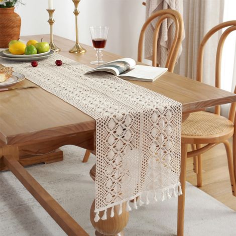Chemin de Table, Chemin Table Vintage Au Crochet, Chemin de Table Dentelle, Chemin Table Vintage Beige, pour Boho Rustique Décor Mariage, Mariée & Baby Shower Décoration - Fleur hexagonale 30240CM