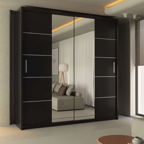 Modern Lisbon Double Door Sliding Mirror Wardrobe with Adjustable Shelves & Hanging Rails - Black 120cm