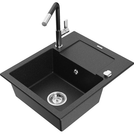 Mexen Enzo 1 Becken-Granitspüle mit Abtropffläche und Mischbatterie Flora, Schwarz/Silbermetallic -