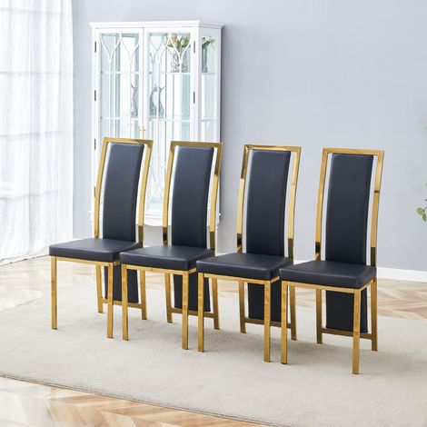 Lot de 4 chaises design salle à manger, cadre métallique doré, revêtement similicuir noir, bordure dorée, hauteur 109 cm, pour cuisine, salon ou bureau.