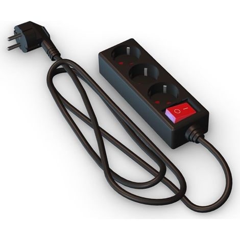 Multiprise Noire à 3 Prises Schuko avec Interrupteur, 1,5 m H05VV-F 3G1,5 m㎡, Base de 3 Prises