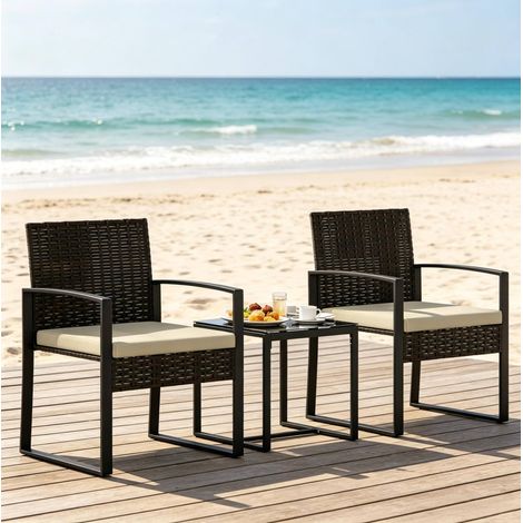 Lot de 2 chaises de jardin avec table en rotin noir et marron (1/5)