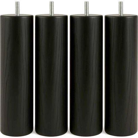 Lot de 4 - Pied de lit - Sommier - Bois massif hêtre - Filetage M8 - Support lourd - Intérieur - Noir - 25x6 cm (1/5)