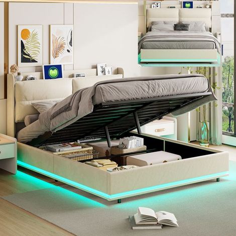 Bett mit Stauraum 140x190 cm, hydraulisch, Bett 140x190 cm, Doppelbett für 2 Personen, integrierte LED und USB, Samtstoff, Beige