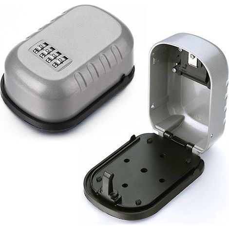 Caja de seguridad para llaves con combinación de 4 dígitos, color plata, con compartimento para guardar una llave. Caja de seguridad para montaje en pared. (1/5)