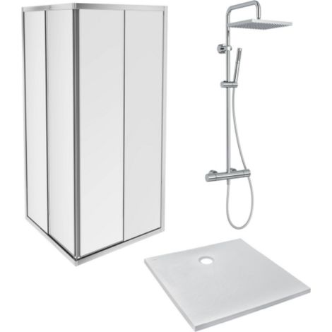 JACOB DELAFON Plato de ducha Ipso 90 x 90 + pared puerta corredera angular + columna de ducha (1/5)