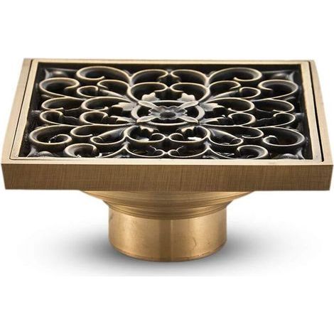 Bodenablauf aus Messing – Antiker quadratischer Duschablauf mit einzigartigem, geschnitztem Blumenmuster für WC und Garten, 10 x 10 cm