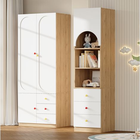 MODFU – Ensemble armoire 80x50x200 cm + étagère 50x50x200 cm MDF – Penderie, tiroirs et étagères – Anti-basculement – Chambre – Blanc/bois (1/5)