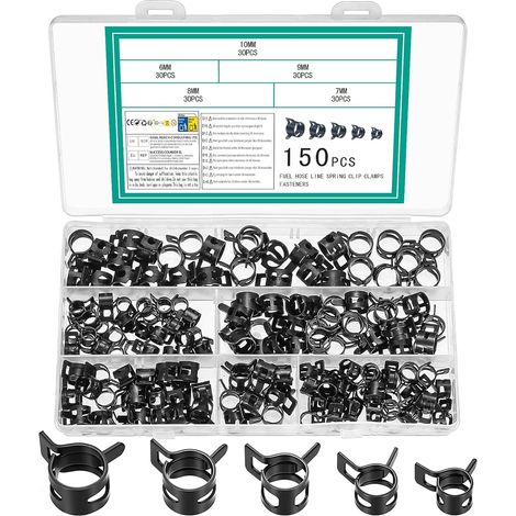 150 Pièces Colliers de Serrage à Ressort, Clips à Ressort Tuyau Serre-Joints à Tuyaux Ajustable Colliers de Clip à Ressort pour Tuyau Durites(Noir,6mm/7mm/8mm/9mm/10mm) (1/5)