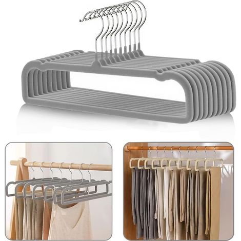 Lot de 10  Gris Cintres pour Pantalons,Cintres Antidérapants en Velours pour Pantalons,Longueur 35 cm,Crochet Pivotant à 360 Degrés,Ceintre Pantalon Gain de Place,pour Pantalons,Jeans,écharpes,Robes (1/5)