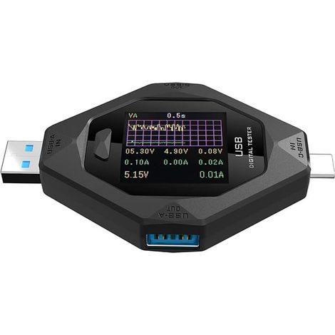Multifunctional Digital USB-C Power Meter, Voltage, Current, with 1.44-inch LCD Screen, for Testing Charging Cables, Mobile Power Sources, Black (1/2)