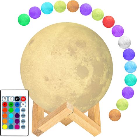 Lampe Lune, 12 cm de diamètre, 16 couleurs, LED, impression 3D, avec support, commande tactile et rechargeable par USB. Idéale comme cadeau d'anniversaire ou de Noël pour les enfants.