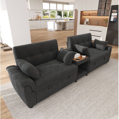 Sofá cama (284x138x89 cm), convertible en cama doble, respaldo ajustable, con consola central y 2 portavasos, chenilla, gris oscuro (1/5)