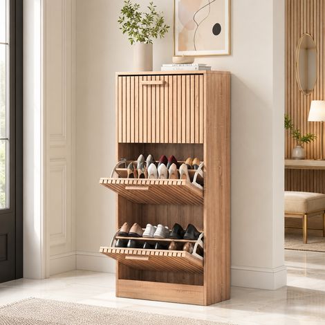 Meuble à chaussures 60×24×113 cm,meuble à chaussures d'entrée,3 portes basculantes,grande capacité,rangement à chaussures,anti-basculement,style moderne,rotin et bois,pour couloirs et entrées,Naturel