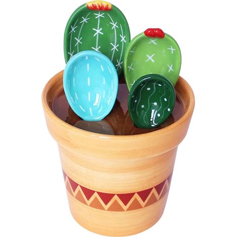 Cuillères à Mesurer en Céramique - Forme Cactus - 4 Pièces + Support - Pour Cuisine Maison - Capacités 1/4 tsp à 1 Tbsp (1/5)