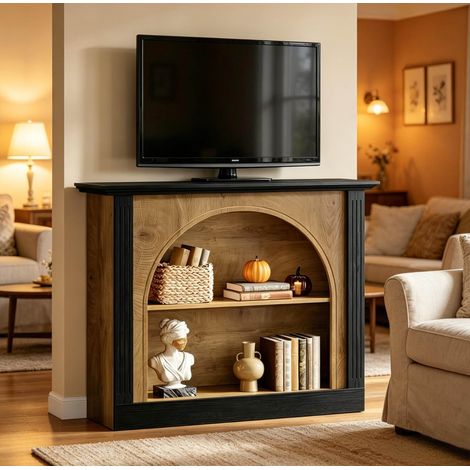 Mueble TV 110x30 cm negro y rústico con 3 niveles y almacenamiento (1/5)