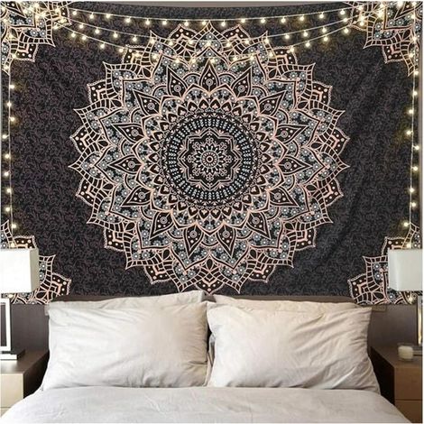Schwarzer Mandala-Wandteppich, psychedelisch, ästhetisch, indisch, Hippie, Bohemian, Wohndekoration, für Schlafzimmer, Wohnzimmer (150 x 130 cm) (1/4)