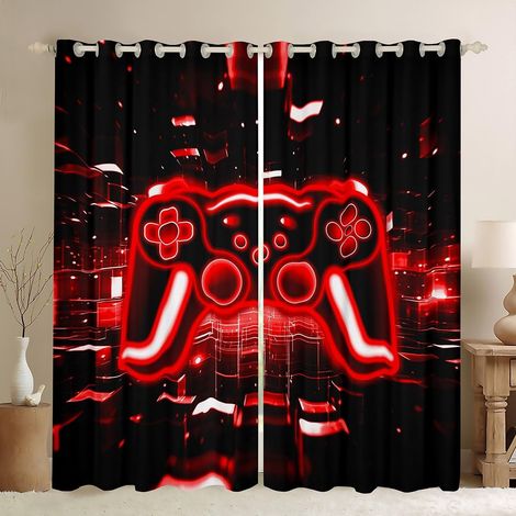 Rideau Occultant 117x137 cm Gamer, Rideau Jeu, Rideaux Voilage Lumières de Néon Jeux Game Garçon, Voilage Fenetre Cube de Brique Rouge, pour Chambre SalonJeu - 117L X 137H cm (2 Panneaux) (1/5)