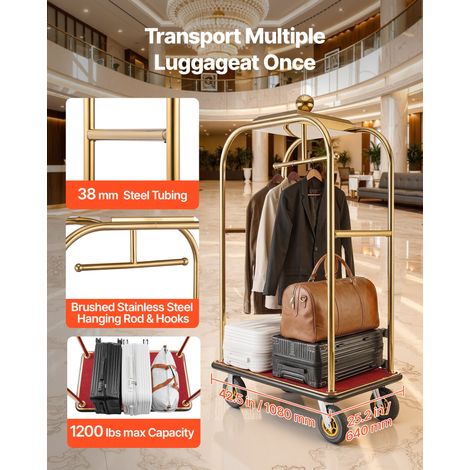 Chariot à Bagages d'Hôtel, Charge Max. 544,31 kg, Chariot Porte-Bagages avec Barre de Suspension pour Complexes Hôteliers, Cadre en… (1/5)