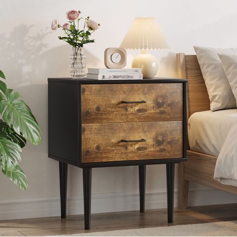 Mesita de noche 51x38x66 cm marrón antiguo en MDF con 2 cajones y estilo retro (1/5)