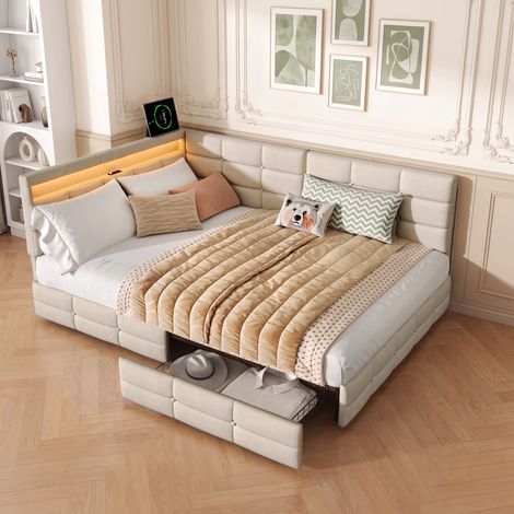 Lit adulte 140x190 avec 2 tiroirs, Lit Banquette rembourré avec LED Ambiante et Port USB, lin gris, Sommier à Lattes en Bois (1/5)