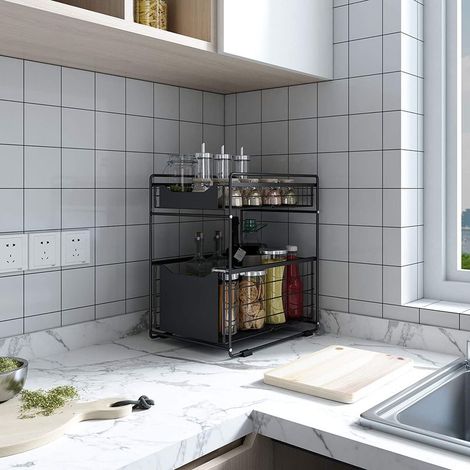 Sous Évier Étagère Sous Evier Rack Etagère de Rangement Cuisine Coulissants Conception de Rouleaux et Tiroirs Organizer Shelf Étagère de Rangement Pour Salle de Bain, Noir (1/5)