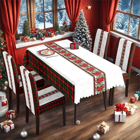 Décorations de table en tissu pour Noël, nappe et housses de chaises imprimées flocons de neige, ensemble TC-360 (nappe imperméable 140 x 210 cm + 4 housses de chaises). (1/3)