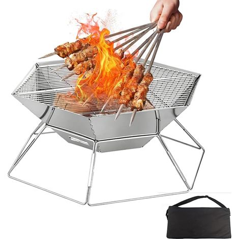 Portable Stainless Steel Fire Pit, Folding Fire Pit with Cooking Grill (1/5)