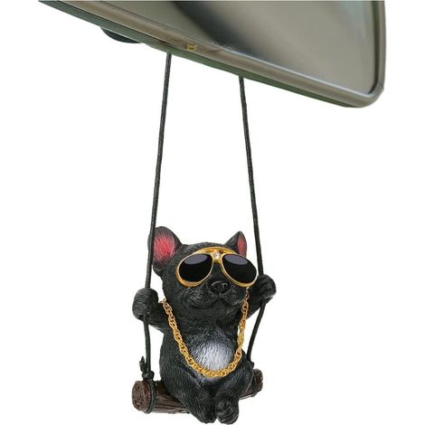 Pendentif rétro pour rétroviseur voiture, bouledogue noir avec lunettes et chaîne dorée, décoration créative suspendue (1/5)