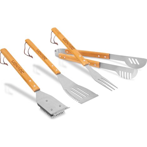 VONROC Set d'outils BBQ - 4-psc - Comprend une pince, une fourchette, une spatule et une brosse de nettoyage (1/2)
