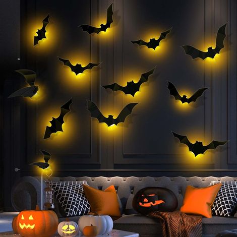 12 Pièces 3D Chauve Souris Halloween, Grande Taille Horreur Chauve Souris Stickers Muraux Avec LED, Stickers Halloween Fenetre, Decoration Helloween Intérieur pour Mur, Porte, Fête Déco (chaud) (1/5)