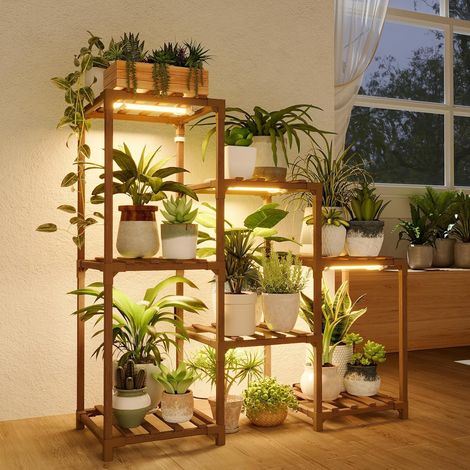 Support pour plantes avec lampe de croissance pour pots multiples, 3 niveaux, support de plantes pour salon, terrasse, décoration d'intérieur bohème pour jardinage, lumière chaude (1/5)