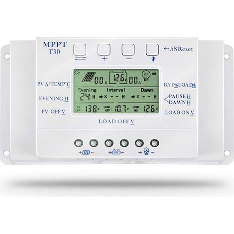 30A Régulateur de Charge Solaire, 12V/24V Batterie Détection Automatique,avec contrôle de minuterie de charge double pour système de réverbère,Avec écran LCD USB (1/5)