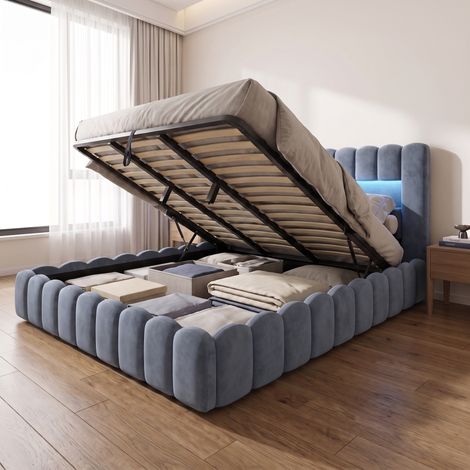 Lit coffre 180x200 cm avec sommier, lit double King Size avec éclairage LED et USB, lit adulte capitonné en velours, moderne, Gris
